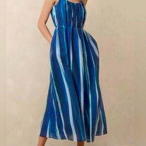 Banana Republic Organza Maxi Dress Blue Striped Sleeveless Pockets Size Large
